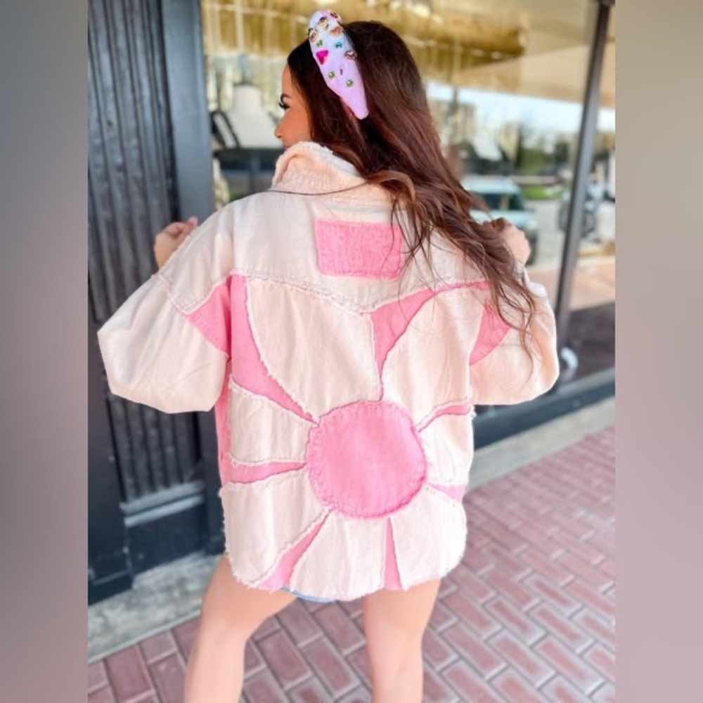 Oli & Hali patchwork pink cream Rustic crop oversized acid wash denim jacket